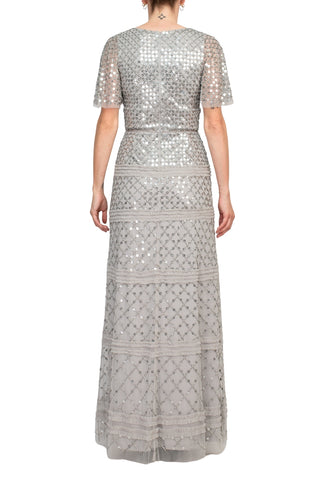 Aidan Mattox V-Neck Short Sleeve Beaded Sequined Piping Detail Zipper Back Mesh Gown