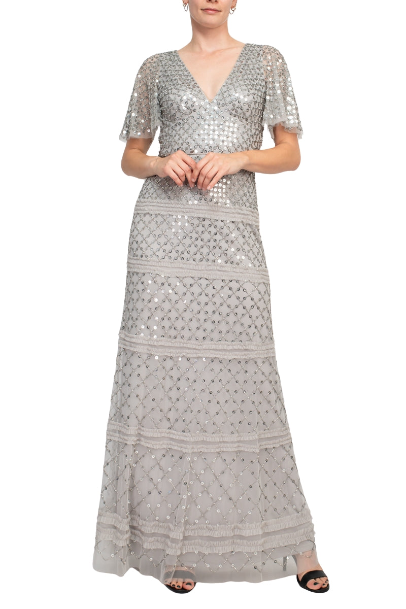 Aidan Mattox V-Neck Short Sleeve Beaded Sequined Piping Detail Zipper Back Mesh Gown Aidan Mattox V-Neck Short Sleeve Beaded Sequined Piping Detail Zipper Back Mesh Gown