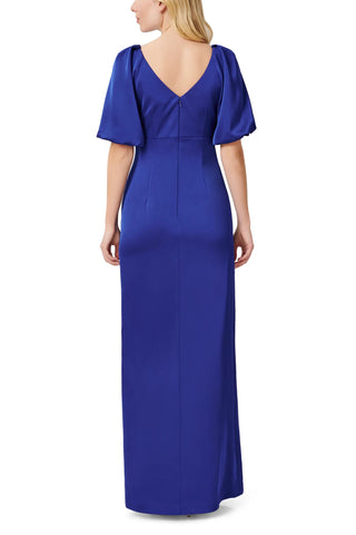 Aidan Mattox V- Neck Back Zipper Pleated Shoulders Short Sleeves Front Slit Opening Long Satin Dress - ROYAL SAPPHIRE - Back 