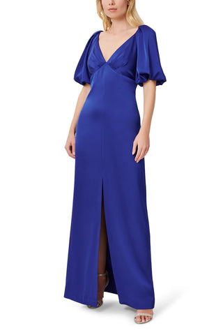 Aidan Mattox V- Neck Back Zipper Pleated Shoulders Short Sleeves Front Slit Opening Long Satin Dress - ROYAL SAPPHIRE - Front 