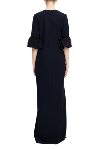 Aidan Mattox V- Neck 3/4 Feathered Bell Sleeves Back Zipper High Thigh Slit Maxi Dress - TWILIGHT - Back