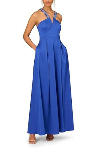 Aidan Mattox V-Neck Mikado Ball Gown - ROYAL SAPPHIRE - Front 