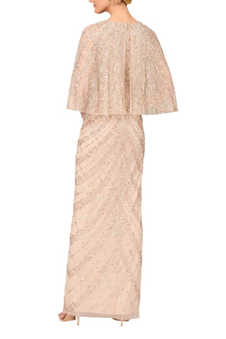 Aidan Mattox V-Neck Cape Sleeve Sheath Zipper Back Slit Front Embellished Mesh Dress - BLUSH - Back