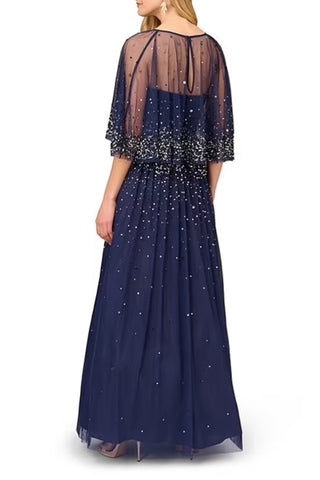 Aidan Mattox Beaded Strapless Ball Gown with Removeable Beaded Cape - NAVY - Back 