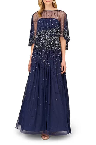 Aidan Mattox Beaded Strapless Ball Gown with Removeable Beaded Cape - NAVY - Front 