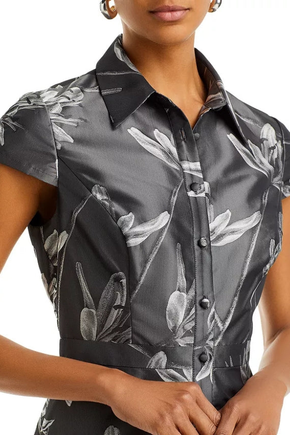 Aidan Mattox Spread Collar Short Sleeve Front Button Floral Jacquard Midi Fit & Flare Dress | Available at Curated Brands in Los Angeles Aidan Mattox Spread Collar Short Sleeve Front Button Floral Jacquard Midi Fit & Flare Dress | Available at Curated Brands in Los Angeles
