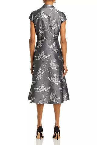 Aidan Mattox Spread Collar Short Sleeve Front Button Floral Jacquard Midi Fit & Flare Dress - GREY MULTI - Back