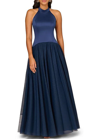 Aidan Mattox Halter Neckline Sleeveless Drop Waist Ball Gown - NAVY - Front view