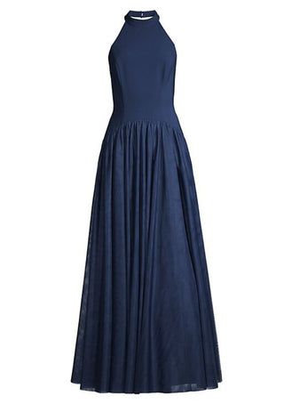 Aidan Mattox Halter Neckline Sleeveless Drop Waist Ball Gown - NAVY - Front full view