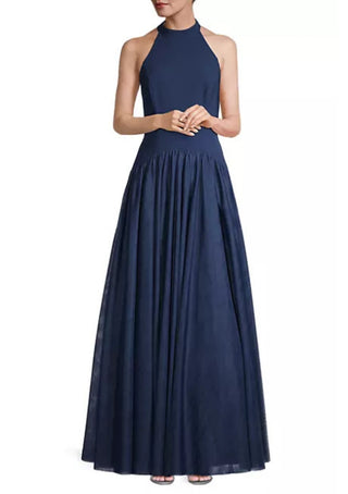 Aidan Mattox Halter Neckline Sleeveless Drop Waist Ball Gown - NAVY - Front