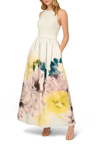 Aidan Mattox Floral Print Twill Maxi Dress - Yellow Multi - Side