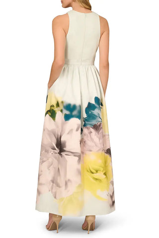 Aidan Mattox Floral Print Twill Maxi Dress - YELLOW MULTI - Back