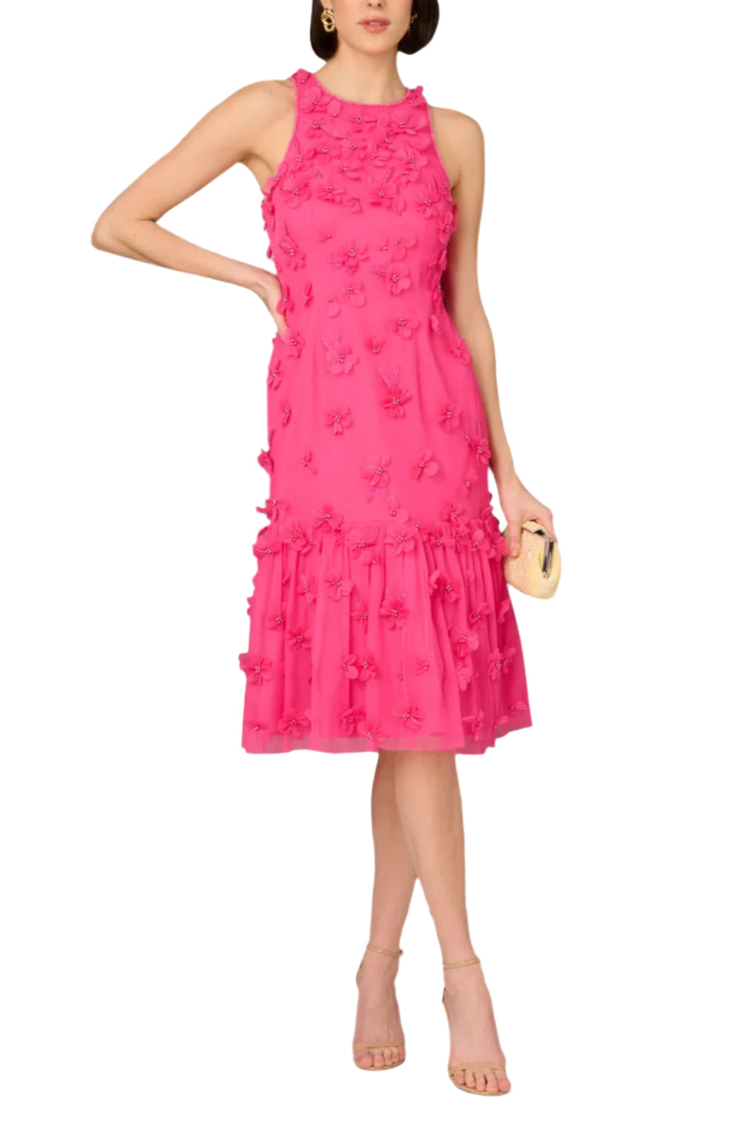Aidan Mattox Crew Neckline Subtle Beaded Floral Details Flounce Skirt Halter Bodice Midi Dress | Available at Curated Brands in Los Angeles Aidan Mattox Crew Neckline Subtle Beaded Floral Details Flounce Skirt Halter Bodice Midi Dress | Available at Curated Brands in Los Angeles
