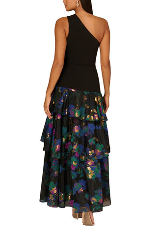 Aidan Mattox Floral Jacquard One Shoulder Sleeveless Asymmetrical Drop Waist Tiered Gown - BLACK MULTI - Back