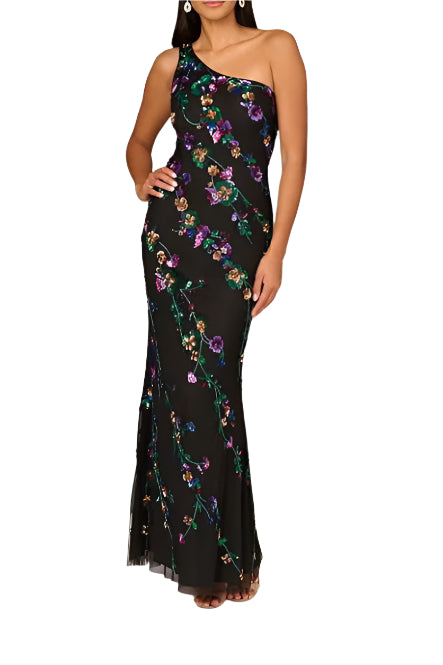 Aidan Mattox Beaded Mesh One Shoulder Sleeveless Mermaid Gown | Available at Curated Brands in Los Angeles Aidan Mattox Beaded Mesh One Shoulder Sleeveless Mermaid Gown | Available at Curated Brands in Los Angeles