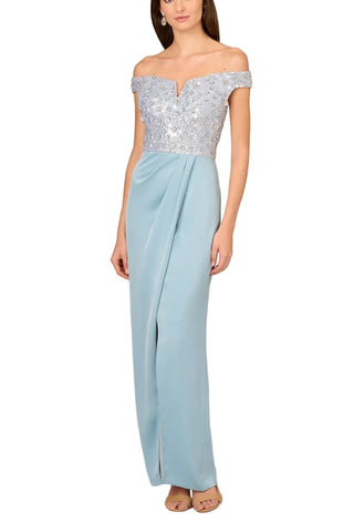 adrianna papell off shoulder dress Adrianna Papell Off-Shoulder Beaded Satin Long Dress