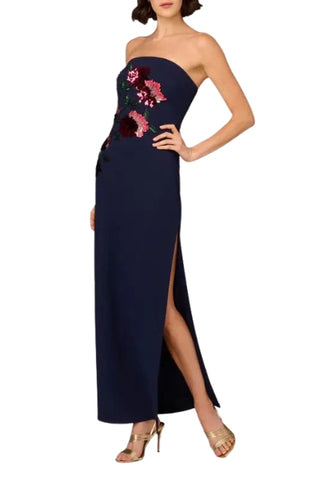 Aidan Mattox Strapless Sleeveless Floral Embellished Bodice Straight Column Silhouette Side Hem Slit Maxi Dress