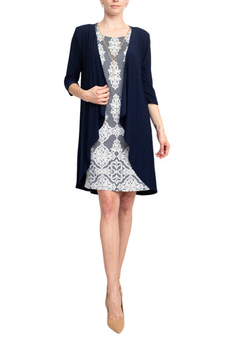 Notations 3/4 Sleeve Long Knit Jacket and Puff Print Dress - Navy White - Front