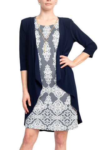 Notations 3/4 Sleeve Long Knit Jacket and Puff Print Dress - Navy White - Front