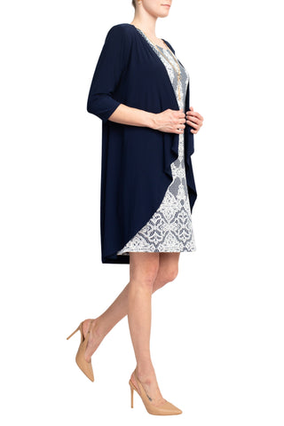 Notations 3/4 Sleeve Long Knit Jacket and Puff Print Dress - Navy White - Side
