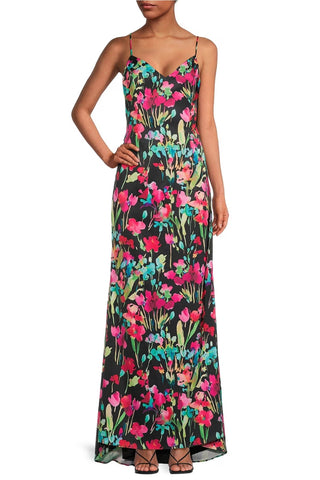 Liv Foster Floral Print V-Neck Spaghetti Strap Satin Gown - BLACK MULTI - Front