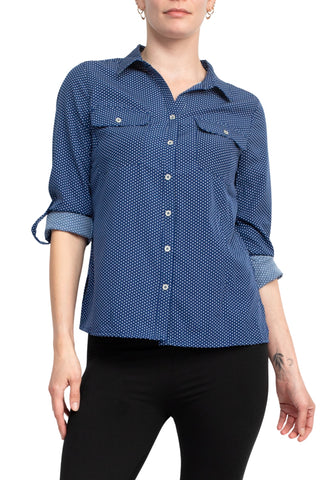 Notations Woven Dots Point Collar Chest Pockets Button Down Shirt - Navy White - Front View