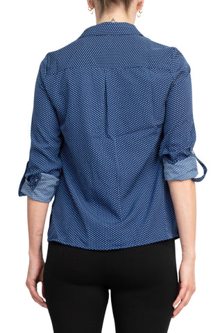 Notations Woven Dots Point Collar Chest Pockets Button Down Shirt - Navy White - Back View