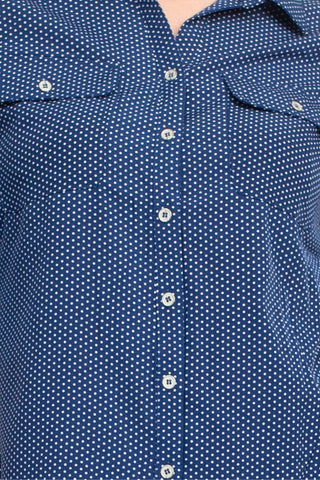 Notations Woven Dots Point Collar Chest Pockets Button Down Shirt - Navy White - Fabric