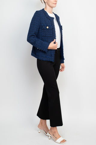 Nanette Lepore open front long sleeve tweed jacket with pockets with mid waist straight ponte pant