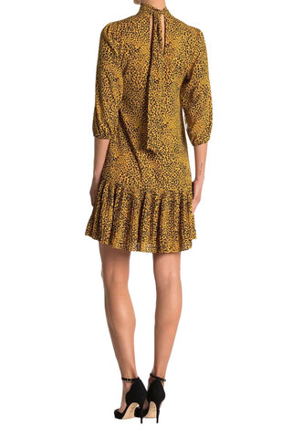 Nanette Lepore High Neck 3/4 Sleeve Bodycon Ruffled Hem Multi Print Chiffon Dress - Black Gold - Back