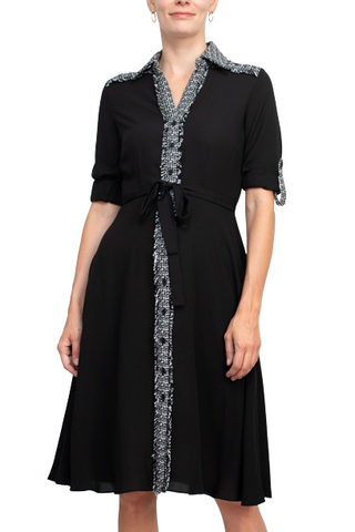 Nanette Lepore Collared Crochet Detail Button Down Folded Sleeve Tie Waist Chiffon Dress - Black Cream - Front