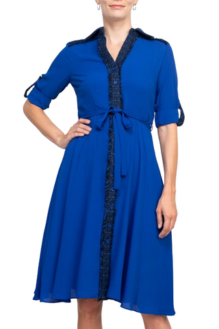 Nanette Lepore Collared Crochet Detail Button Down Folded Sleeve Tie Waist Chiffon Dress - Surf the Web - Full view Front 