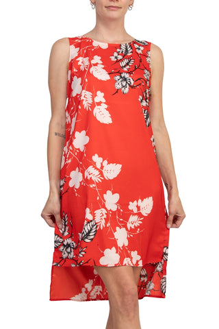 Premise Boat Neck Sleeveless Floral Print High Low Hem Charmeuse Dress