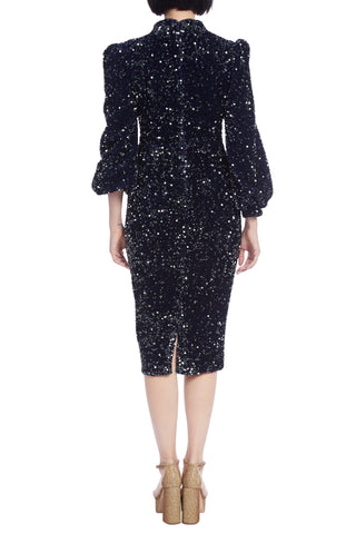 Badgley Mischka Long-Sleeved Sequins Velvet Coat Dress - BLUE MULTI - BACK VIEW