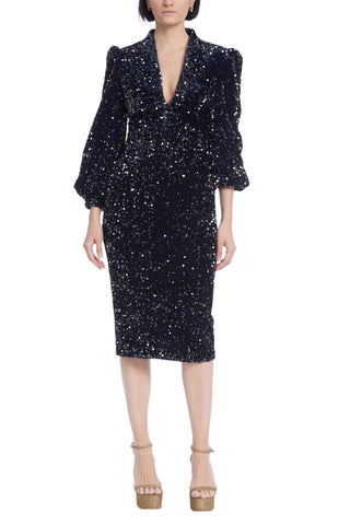 Badgley Mischka Long-Sleeved Sequins Velvet Coat Dress - BLUE MULTI - FRONT VIEW