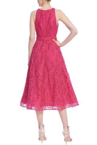 Badgley Mischka Paisley Lace Halter Midi Dress with Belt - FUCHSIA - Back 