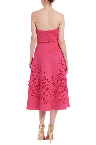 Badgley Mischka Strapless Laser-Cut Floral Knotted Belt Stretch Scuba Midi Bodice Zipper Back Dress - ROSE- back