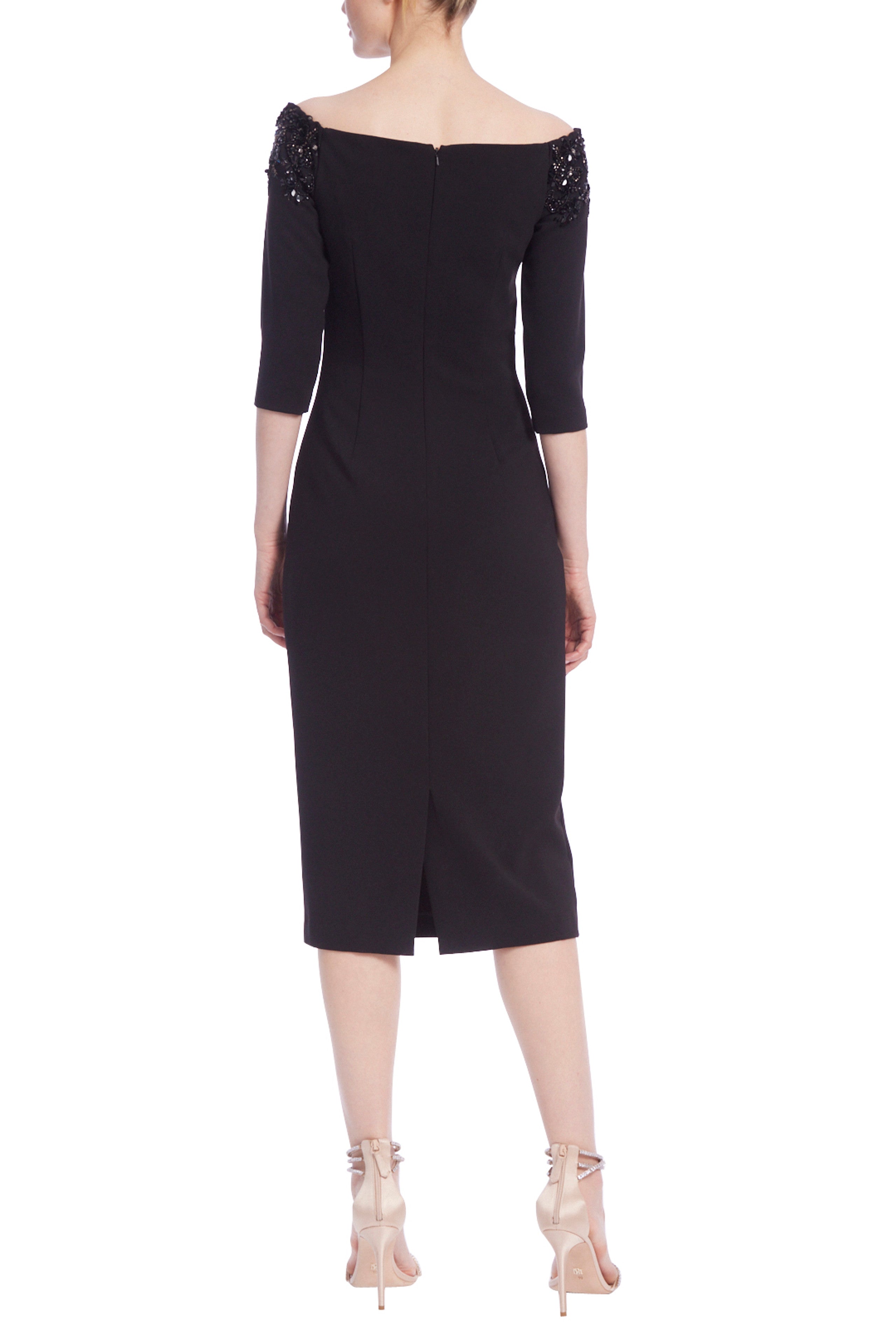 Badgley Mischka Embellished Boat Neck 3/4 Sleeves Below the Knee Fitted Silhouette Cocktail Dress | Available at Curated Brands in Los Angeles Badgley Mischka Embellished Boat Neck 3/4 Sleeves Below the Knee Fitted Silhouette Cocktail Dress | Available at Curated Brands in Los Angeles