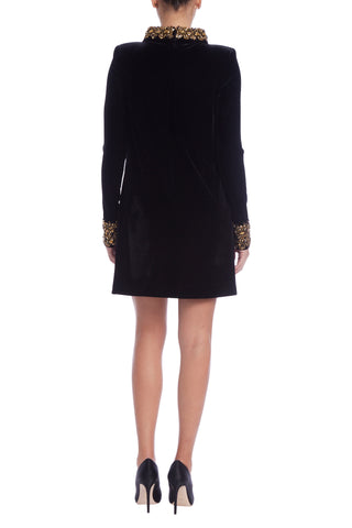 Badgley Mischka Embellished Beaded High Neckline Long Sleeves Cuff Discreet Pocket Velvet Wrapped Shift Dress - BLACK - back