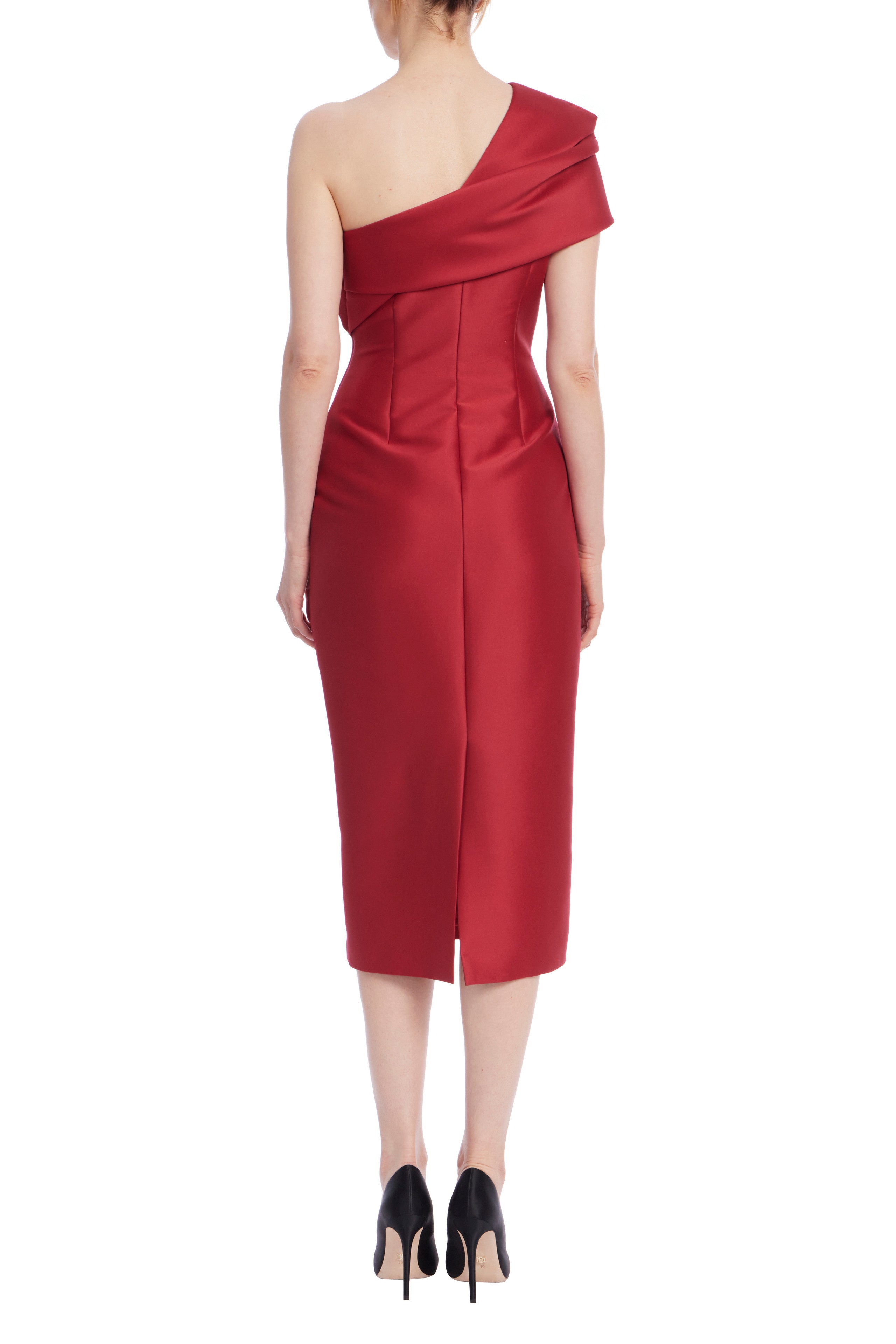 Badgley Mischka Asymmetrical Neckline Drapes Over Folded One Shoulder Fitted Midi Dress | Available at Curated Brands in Los Angeles Badgley Mischka Asymmetrical Neckline Drapes Over Folded One Shoulder Fitted Midi Dress | Available at Curated Brands in Los Angeles