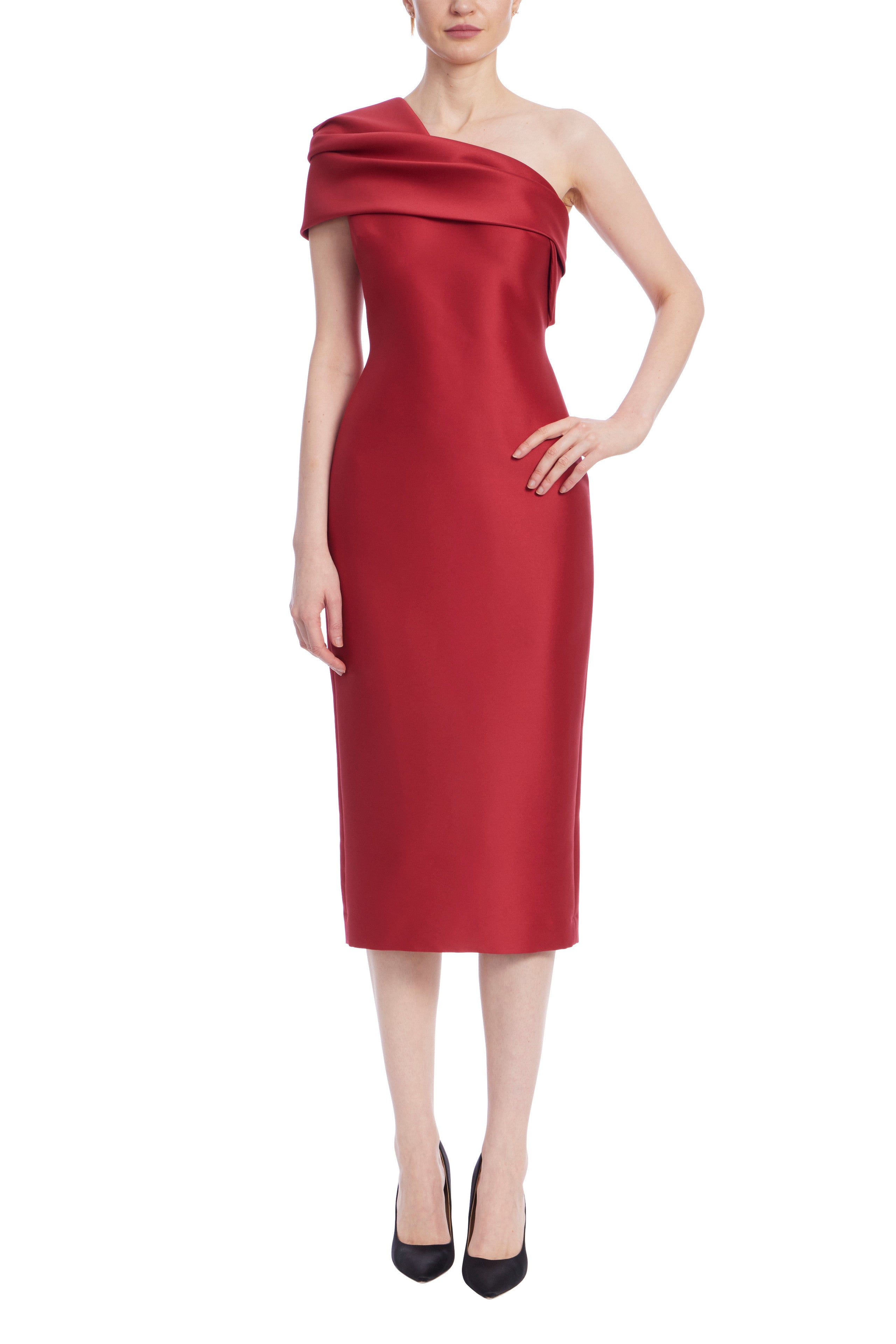 Badgley Mischka Asymmetrical Neckline Drapes Over Folded One Shoulder Fitted Midi Dress | Available at Curated Brands in Los Angeles Badgley Mischka Asymmetrical Neckline Drapes Over Folded One Shoulder Fitted Midi Dress | Available at Curated Brands in Los Angeles