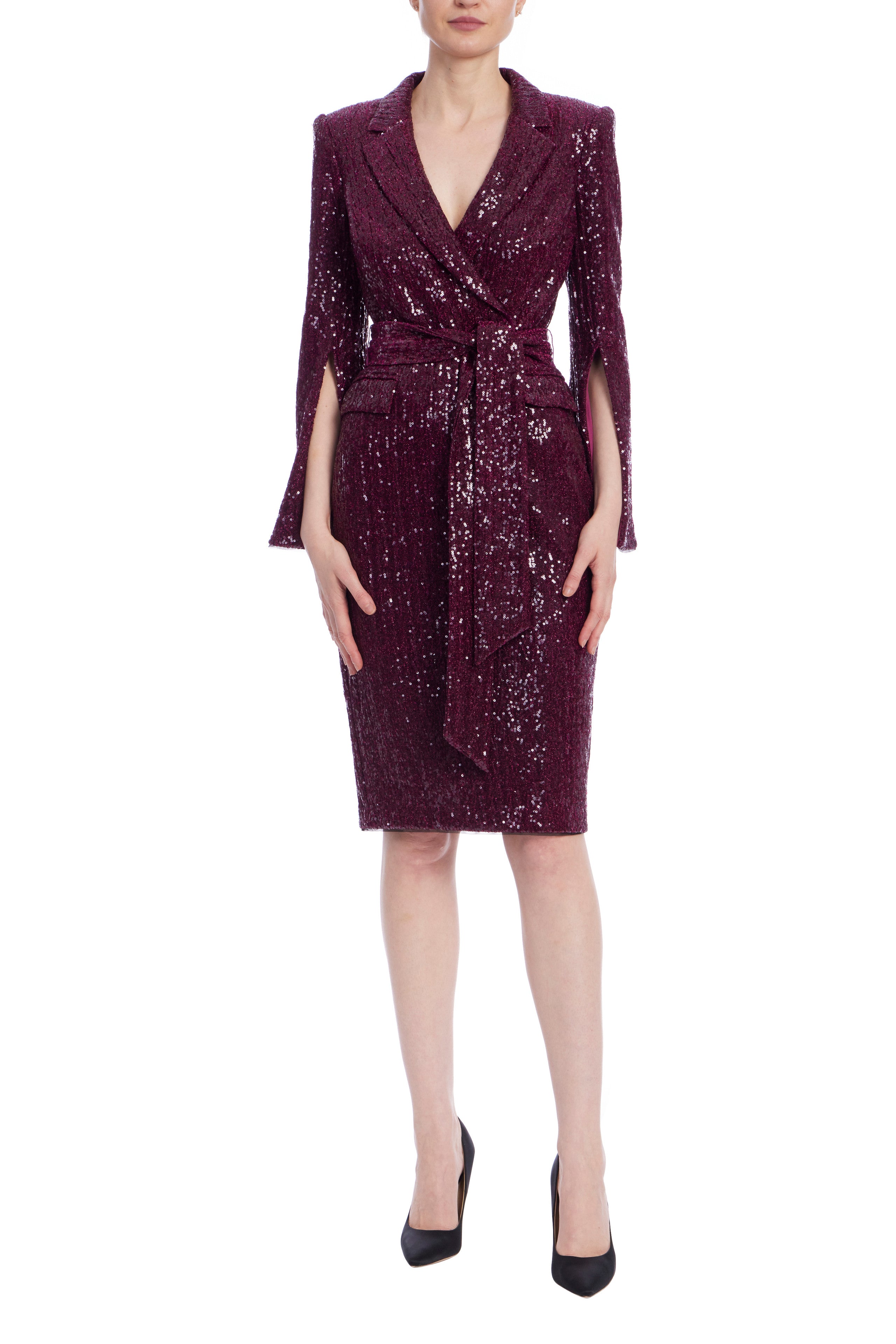 Badgley Mischka Wine Sequin Wrap Over Silhouette Slitted Sleeves Cinched Waist Tie Coat Blazer Dress | Available at Curated Brands in Los Angeles Badgley Mischka Wine Sequin Wrap Over Silhouette Slitted Sleeves Cinched Waist Tie Coat Blazer Dress | Available at Curated Brands in Los Angeles