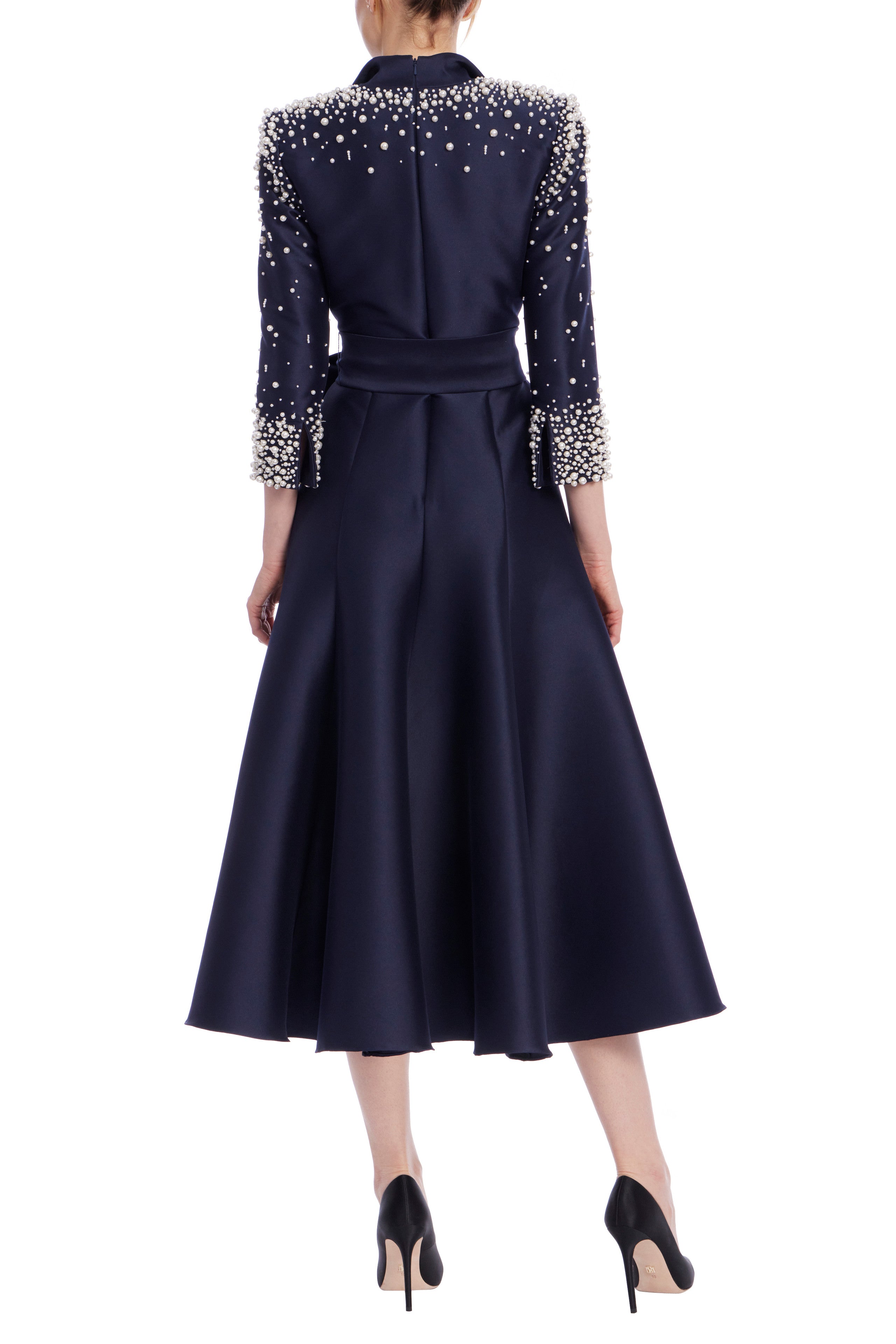 Badgley Mischka Pearl Encrusted Coat Quarter Sleeves Nipped Waist Bold Front Tie A-Line | Available at Curated Brands in Los AngelesMidi Dress Badgley Mischka Pearl Encrusted Coat Quarter Sleeves Nipped Waist Bold Front Tie A-Line | Available at Curated Brands in Los AngelesMidi Dress