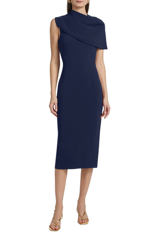 Robe mi-longue Badgley Mischka à encolure asymétrique, manches cape et fermeture éclair au dos