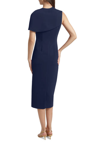 Badgley Mischka Asymmetric Neckline Cape Sleeve Back Zip Closure Midi Dress - NAVY - back