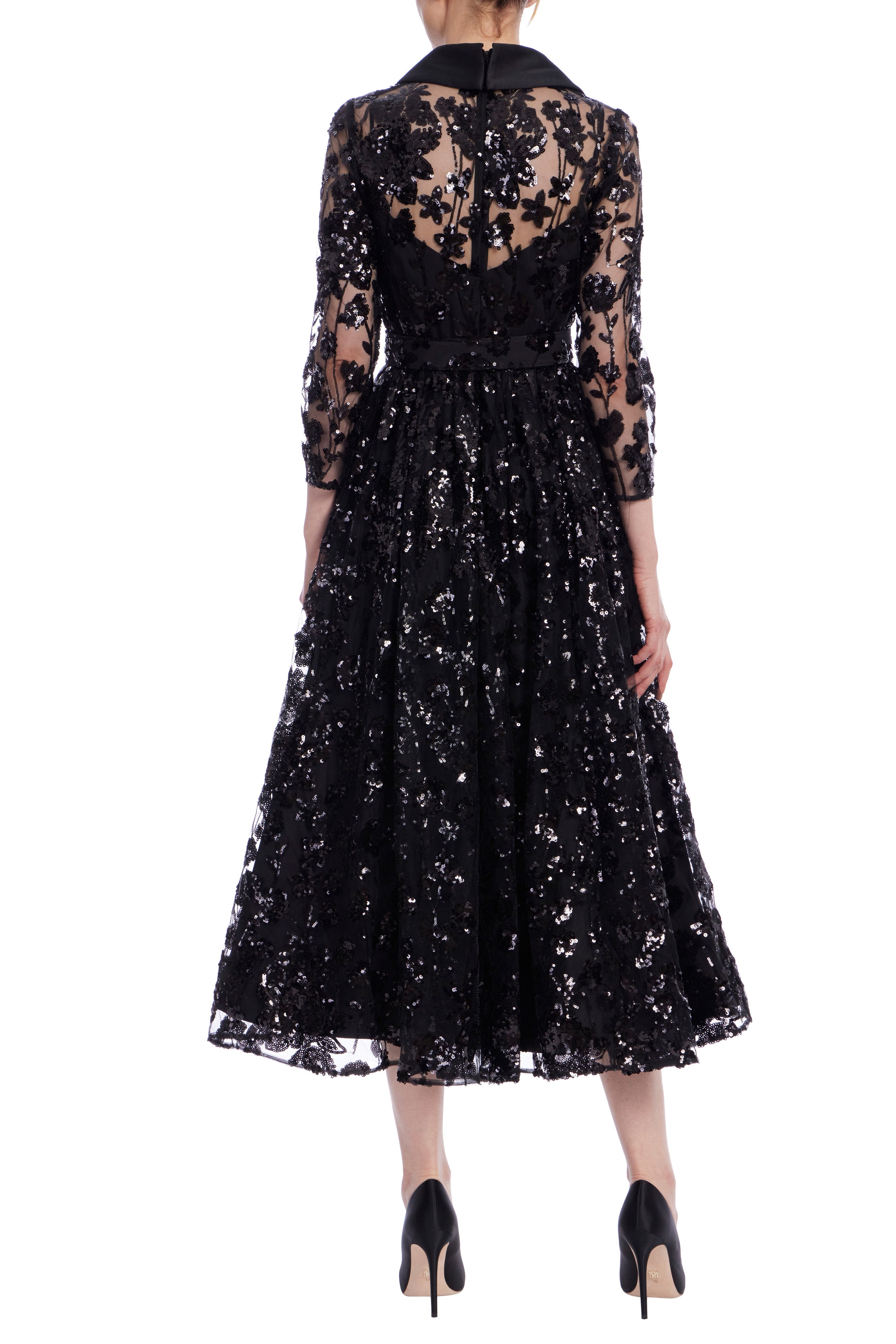 Badgley Mischka Sharp Collar 3/4 Sleeves Belted Cinched Waist Below the Knee Sequin Laced Sheer Tulle A-Line Midi Dress | Available at Curated Brands in Los Angeles Badgley Mischka Sharp Collar 3/4 Sleeves Belted Cinched Waist Below the Knee Sequin Laced Sheer Tulle A-Line Midi Dress | Available at Curated Brands in Los Angeles