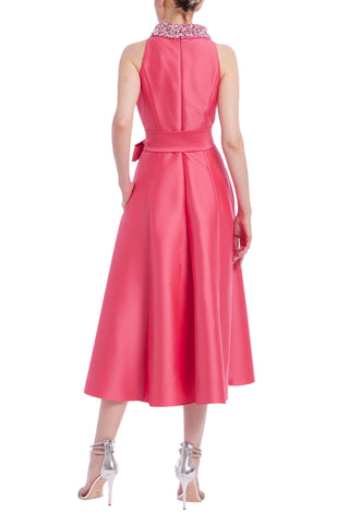 Badgley Mischka Beaded Halter Neckline Waist Self-Tie Sash Full Skirt Midi Dress - ROSE - back