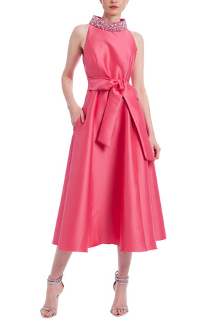 Badgley Mischka Beaded Halter Neckline Waist Self-Tie Sash Full Skirt Midi Dress - ROSE - front