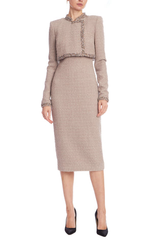 Badgley Mischka Tweed Sheath Dress with Embellished Popover