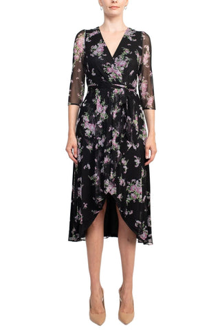 Sage Collective V-Neck Tie Waist 3/4 Sleeve Floral Print Zipper Back High Low Mesh Dress